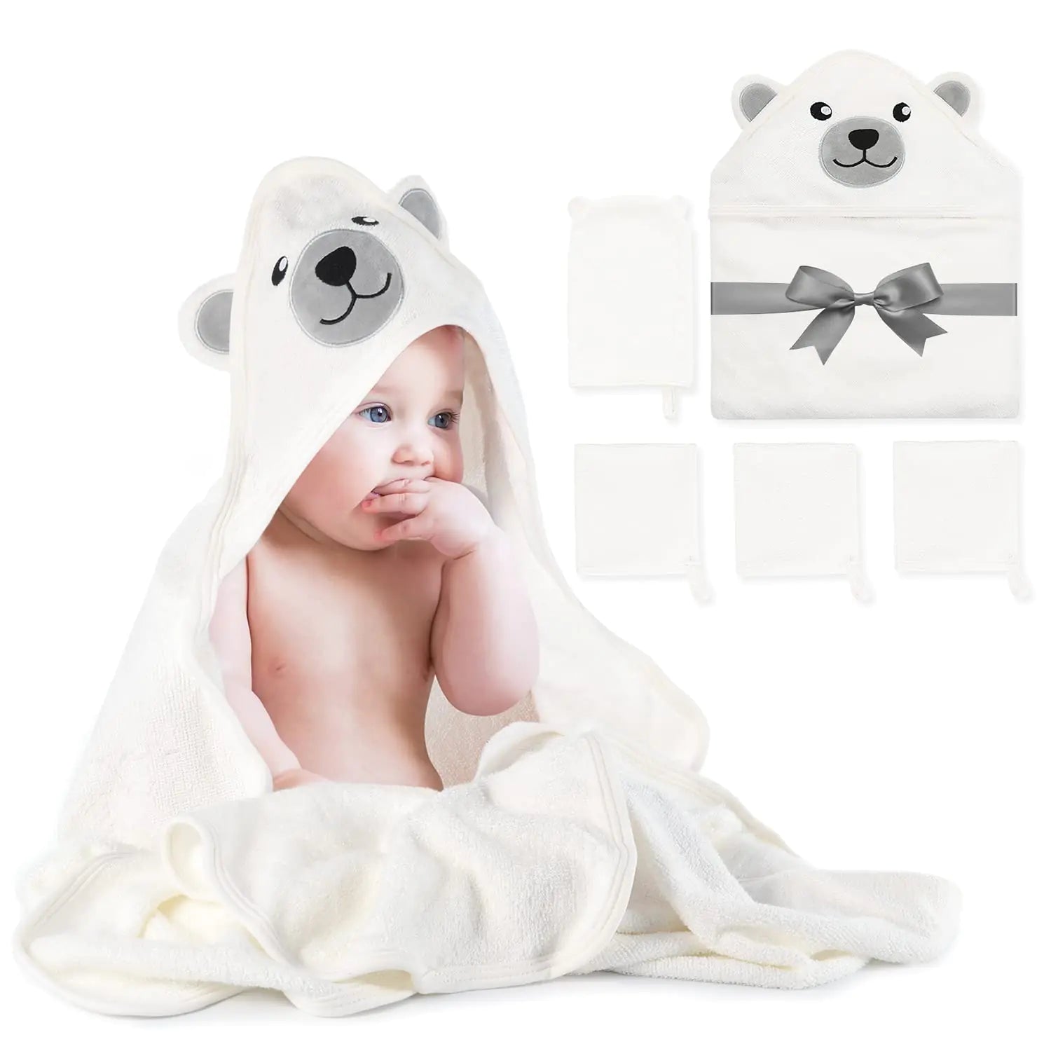 Momcozy Baby Bath Towel Set Baby Towel with Hood and Baby Washcloth|Baby Bath Glove Extremely Soft Breathable Suitable for Girls and Boys