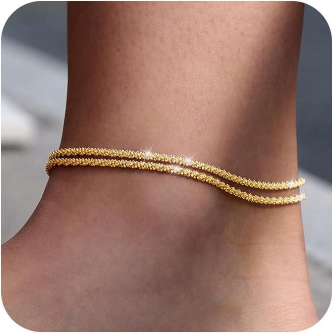 🏖️ Women's 14K Gold & Sterling Silver Anklets – Adjustable, Waterproof, Sparkling Chains, Stackable