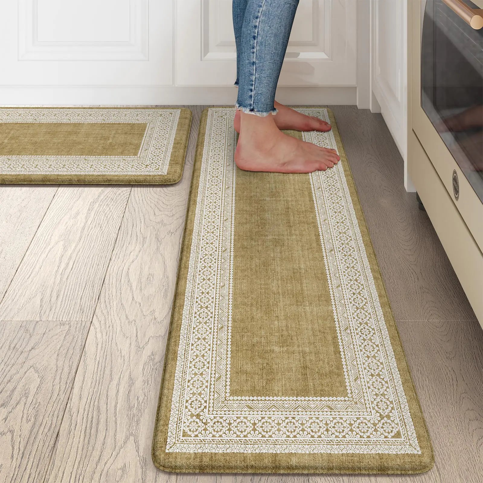 Ailsan Lot de 2 tapis de cuisine anti-fatigue, tapis de cuisine rembourrés, antidérapants, imperméables, en mousse à mémoire de forme, pour évier, buanderie, kaki